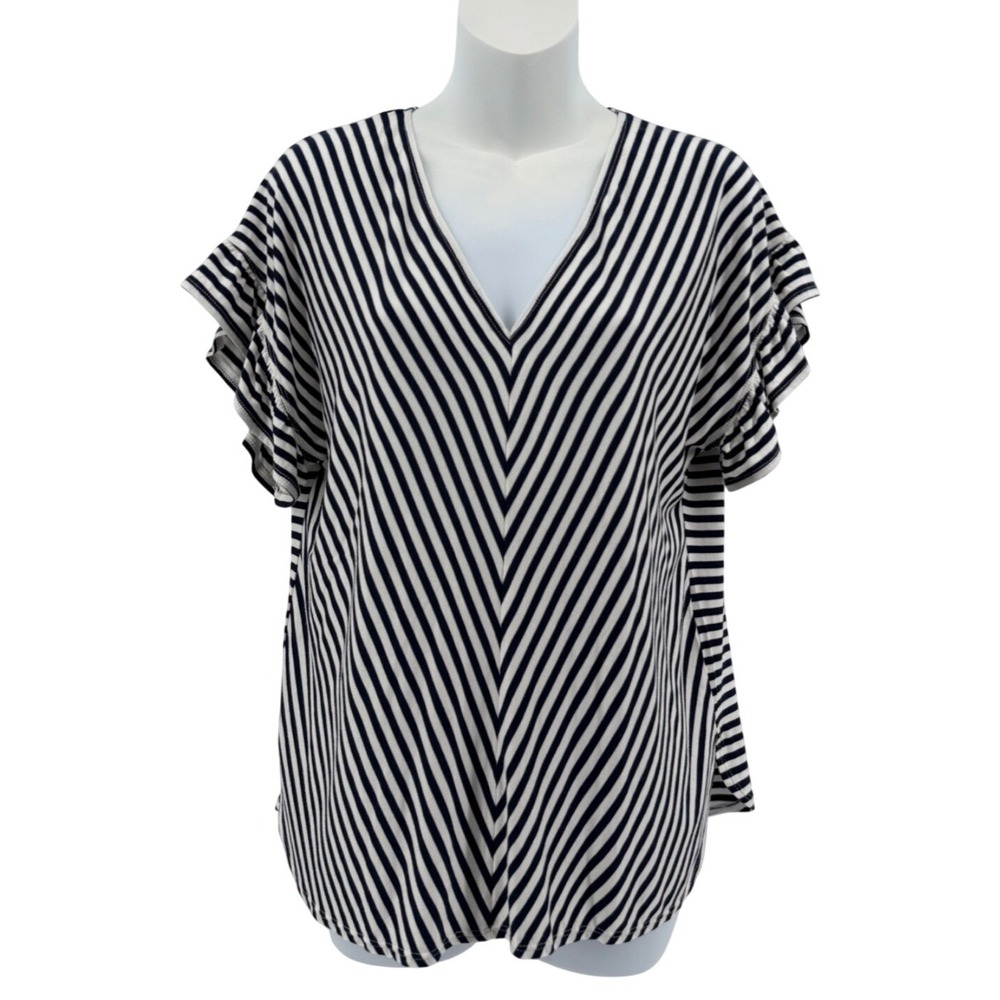 Max Studio London Chevron Top Women Cool & Casual V-Neck Ruffle Sleeve Small NWT